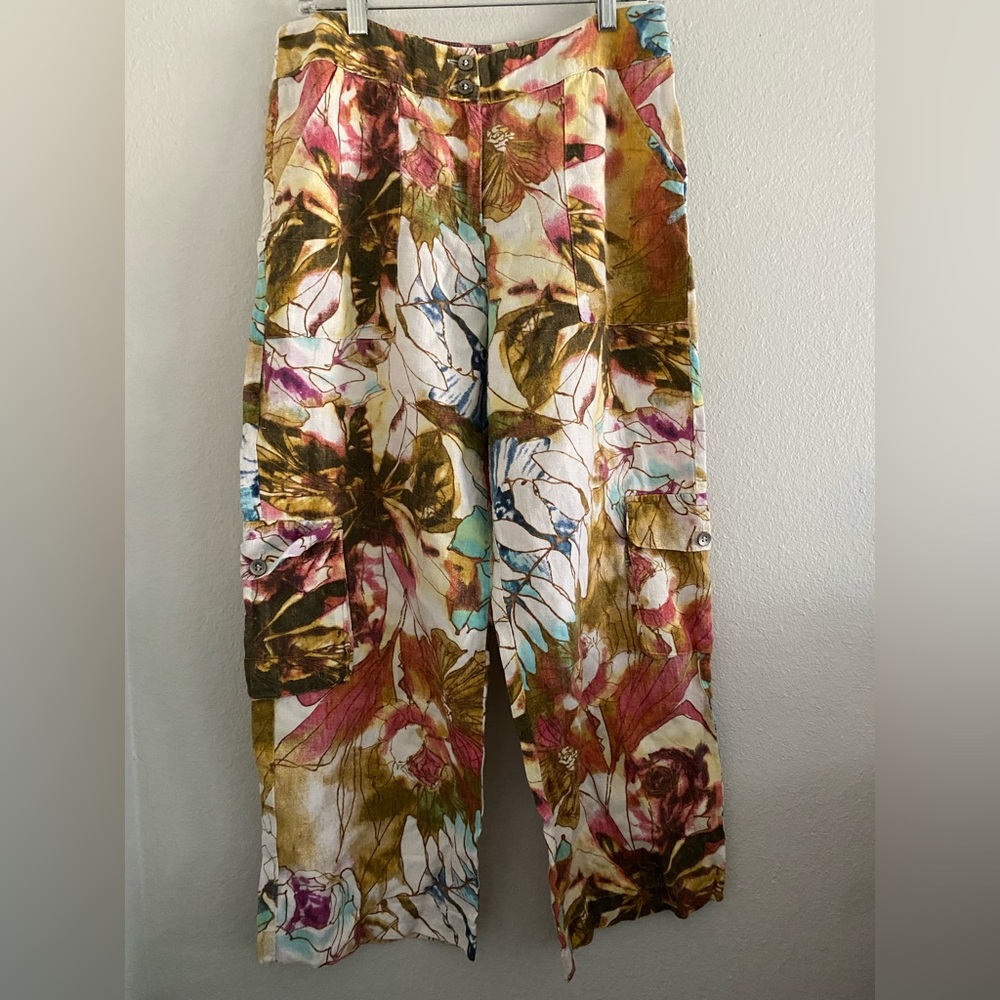 Chicos Pants Women 1.5 100% Linen Tropical Cropped pants